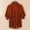 Womens Velvet Solid Loose Midi 3/4 Sleeve Lapel Single-Breasted Shirt