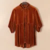 Womens Velvet Solid Loose Midi 3/4 Sleeve Lapel Single-Breasted Shirt