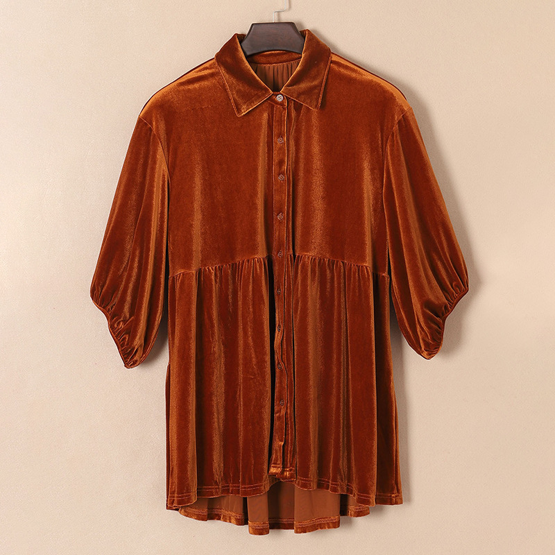 Womens Velvet Solid Loose Midi 3/4 Sleeve Lapel Single-Breasted Shirt