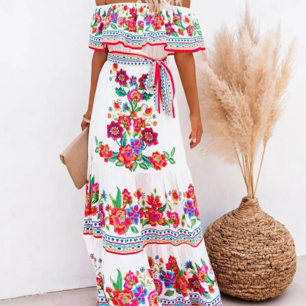 Off Shoulder Floral Digital Print Maxi Flared Plus Size Dress