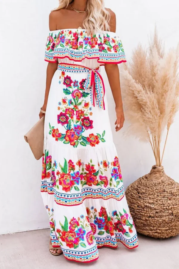 Off Shoulder Floral Digital Print Maxi Flared Plus Size Dress