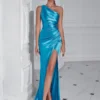 One Shoulder Backless Ruched Slim Fit Slit Midi Evening Party Dress
