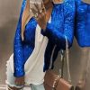 Spring Womens Sequin Block Stand Collar Short Slim Zip Casual Jacket