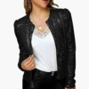Spring Womens Sequin Block Stand Collar Short Slim Zip Casual Jacket
