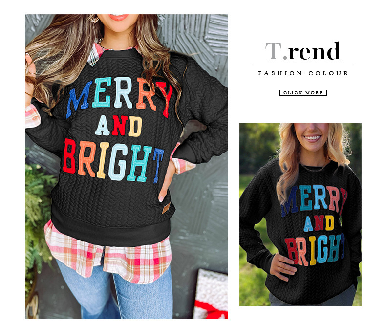 Womens Casual Loose Crew Neck Sweatshirt Colorful Letter Applique Contrast Long Sleeve