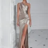 One Shoulder Backless Ruched Slim Fit Slit Midi Evening Party Dress