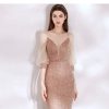 Womens Sequin Corduroy Off-Shoulder Half-Sleeve Long Fitted Mermaid Evening Dress