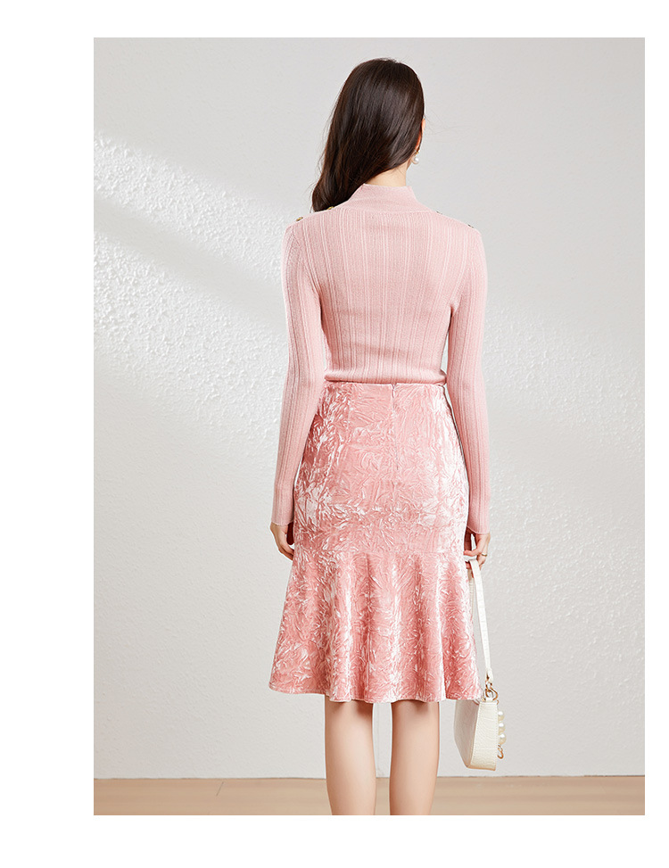 Pink Crushed Velvet High-Waisted Midi Bodycon Skirt Button Office Petite