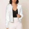 Spring Womens Sequin Block Stand Collar Short Slim Zip Casual Jacket