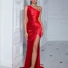 One Shoulder Backless Ruched Slim Fit Slit Midi Evening Party Dress