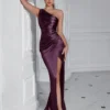 One Shoulder Backless Ruched Slim Fit Slit Midi Evening Party Dress
