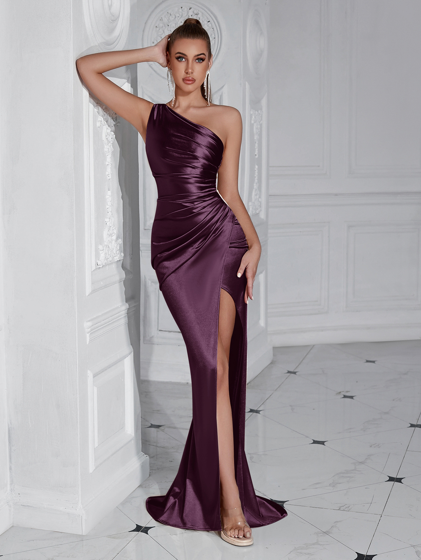One Shoulder Backless Ruched Slim Fit Slit Midi Evening Party Dress