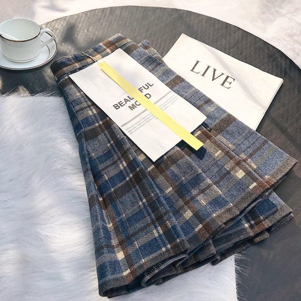 Womens High Waist Plaid Woolen Pleated Mini Skirt Fall Winter Preppy Office