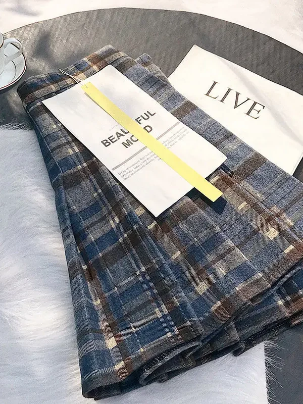 Womens High Waist Plaid Woolen Pleated Mini Skirt Fall Winter Preppy Office