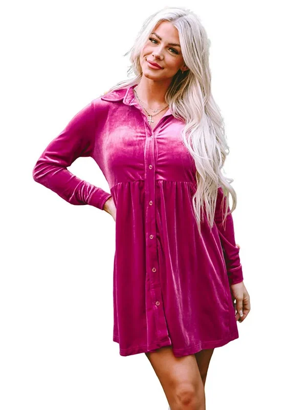 Womens Elegant Velvet Shirt Collar Long Sleeve High Waist Mini Dress