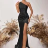 One Shoulder Backless Ruched Slim Fit Slit Midi Evening Party Dress