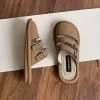 Women Sandals Toe-Covered Slides Hollow Out Belt Buckle Suede Flat Rubber Sole