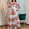 Off Shoulder Floral Digital Print Maxi Flared Plus Size Dress