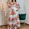 Off Shoulder Floral Digital Print Maxi Flared Plus Size Dress