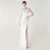 One-Shoulder Satin Pleated Slim-Fit Mermaid Evening Dress High Slit Party Wedding