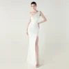 One-Shoulder Satin Pleated Slim-Fit Mermaid Evening Dress High Slit Party Wedding