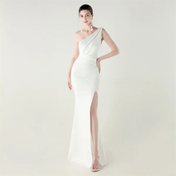 One-Shoulder Satin Pleated Slim-Fit Mermaid Evening Dress High Slit Party Wedding
