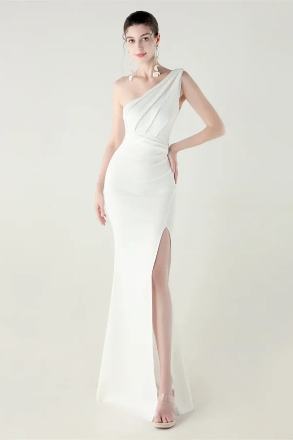 One-Shoulder Satin Pleated Slim-Fit Mermaid Evening Dress High Slit Party Wedding
