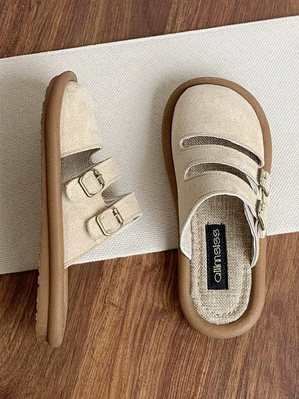 Women Sandals Toe-Covered Slides Hollow Out Belt Buckle Suede Flat Rubber Sole