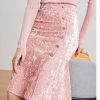 Pink Crushed Velvet High-Waisted Midi Bodycon Skirt Button Office Petite