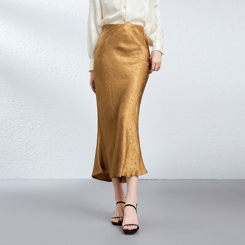 Gold Jacquard Acetate Mermaid Long Skirt High Waist Silky Bodycon Lady