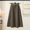 High Waist A-Line Midi Skirt Winter Solid Button Slimming