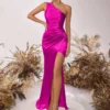 One Shoulder Backless Ruched Slim Fit Slit Midi Evening Party Dress