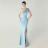 One-Shoulder Satin Pleated Slim-Fit Mermaid Evening Dress High Slit Party Wedding