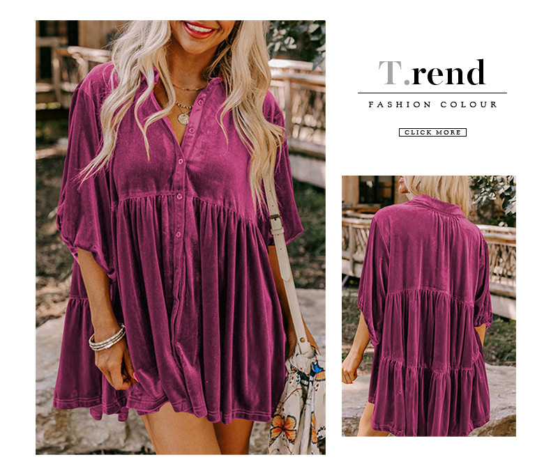 Womens Velvet Solid Loose Midi 3/4 Sleeve Lapel Single-Breasted Shirt