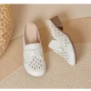 Womens Summer Top-Grain Leather Mules Closed Toe Chunky Heel Hollow Out Breathable