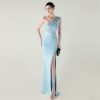 One-Shoulder Satin Pleated Slim-Fit Mermaid Evening Dress High Slit Party Wedding