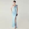 One-Shoulder Satin Pleated Slim-Fit Mermaid Evening Dress High Slit Party Wedding