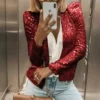 Spring Womens Sequin Block Stand Collar Short Slim Zip Casual Jacket