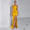 One Shoulder Backless Ruched Slim Fit Slit Midi Evening Party Dress