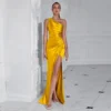 One Shoulder Backless Ruched Slim Fit Slit Midi Evening Party Dress