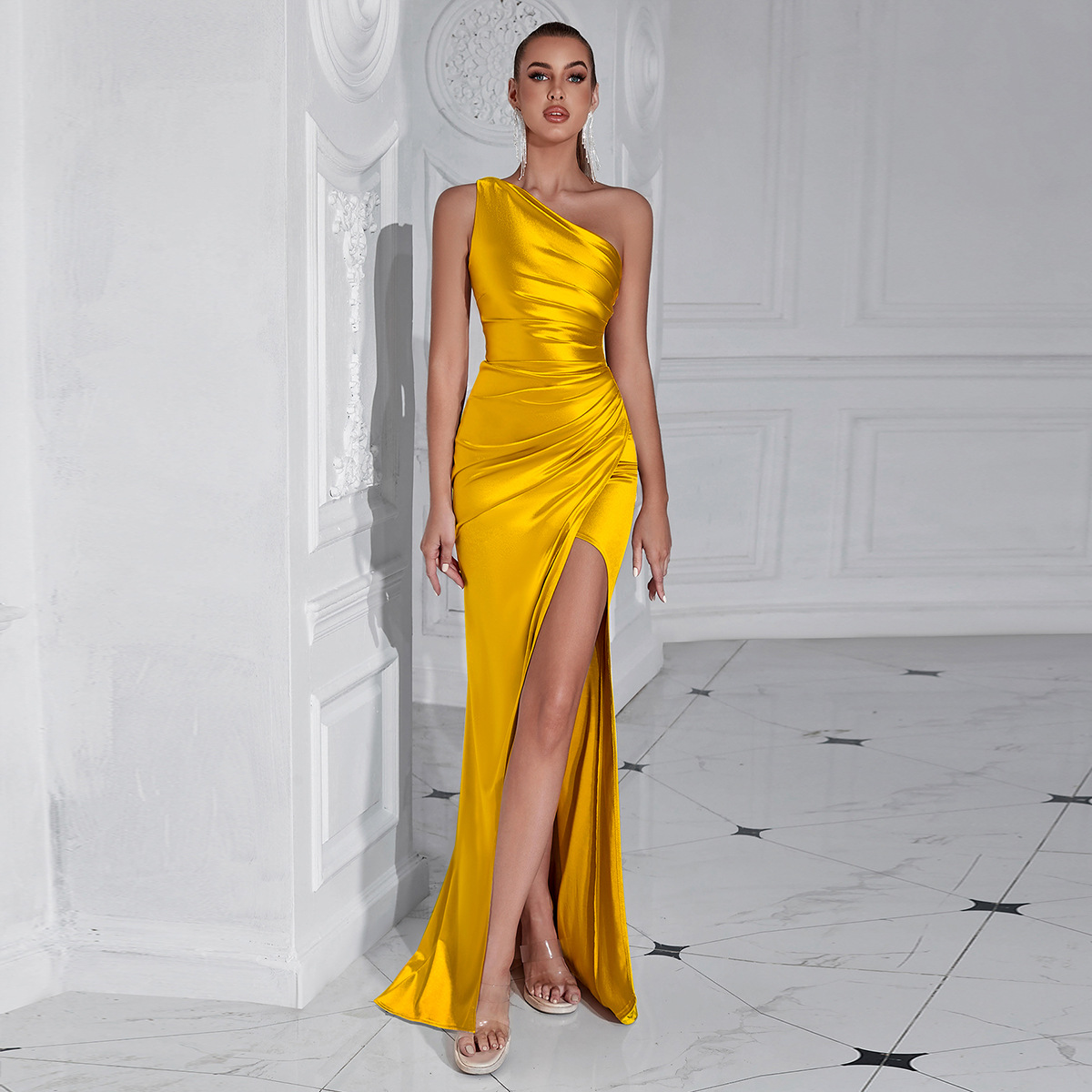 One Shoulder Backless Ruched Slim Fit Slit Midi Evening Party Dress