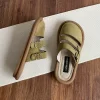 Women Sandals Toe-Covered Slides Hollow Out Belt Buckle Suede Flat Rubber Sole
