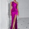 One Shoulder Backless Ruched Slim Fit Slit Midi Evening Party Dress