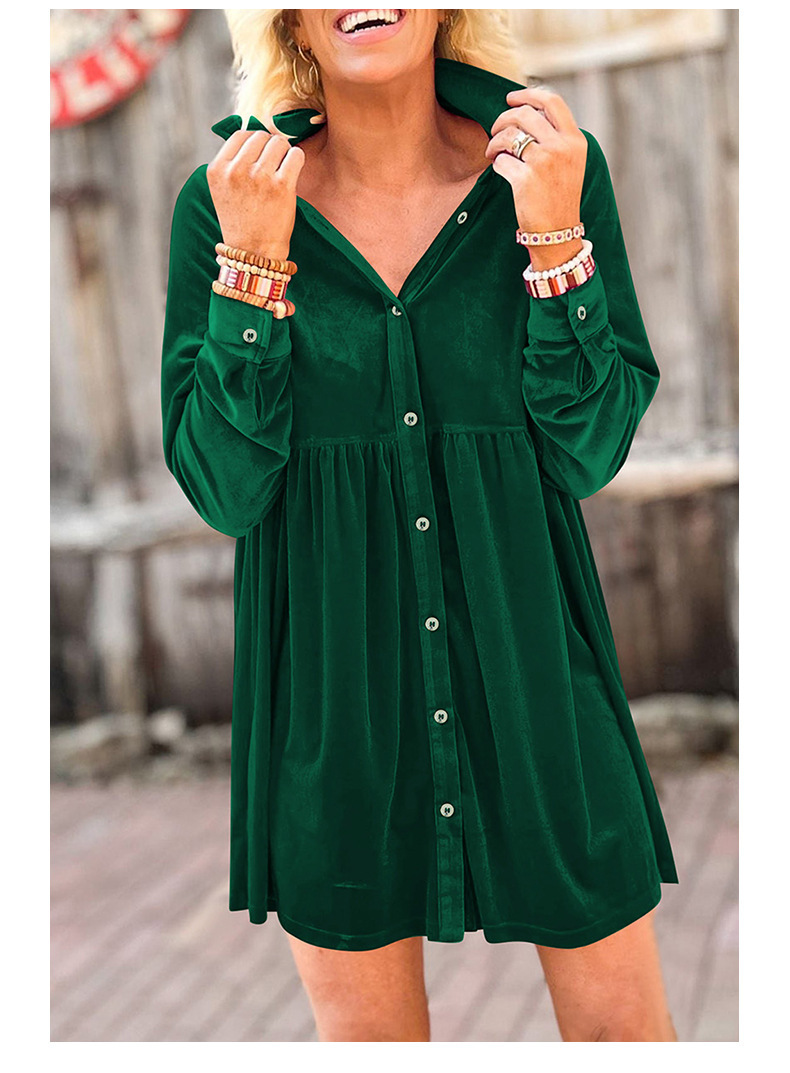 Womens Elegant Velvet Shirt Collar Long Sleeve High Waist Mini Dress