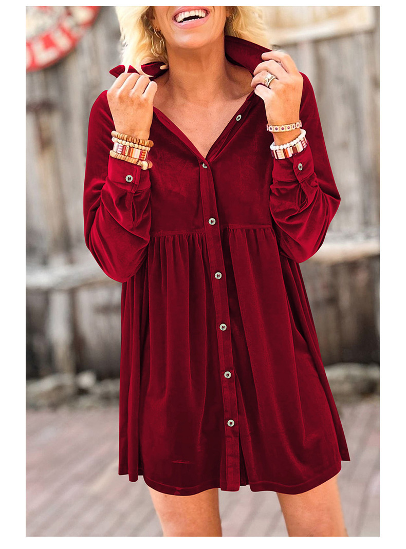 Womens Elegant Velvet Shirt Collar Long Sleeve High Waist Mini Dress
