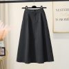 High Waist A-Line Midi Skirt Winter Solid Button Slimming