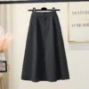 High Waist A-Line Midi Skirt Winter Solid Button Slimming