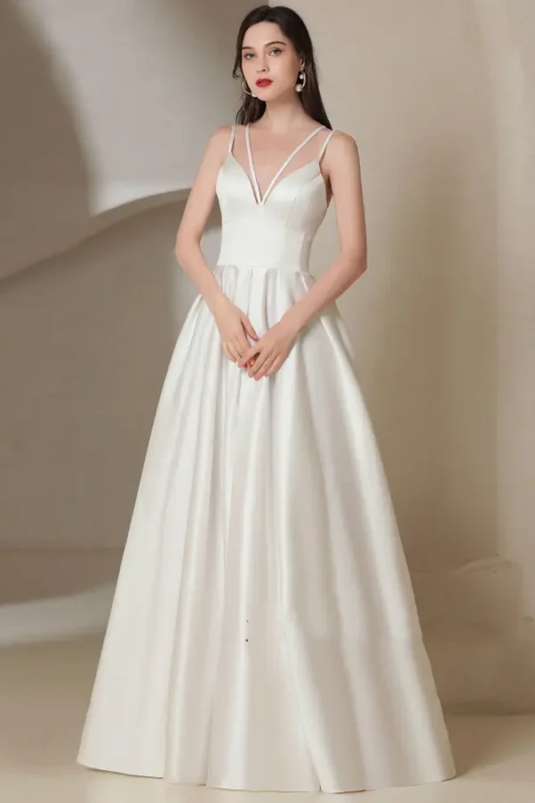 Elegant White Satin Backless V-Neck Sleeveless FloorLength Evening Dress