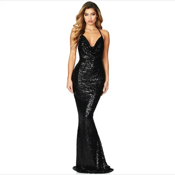 Sequin Halter Backless Mermaid Evening Sleeveless Long Dress