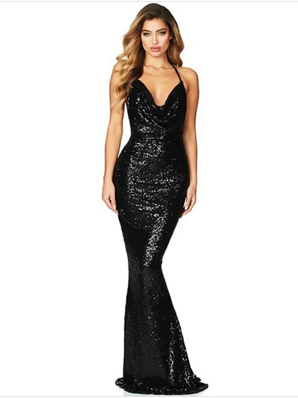 Sequin Halter Backless Mermaid Evening Sleeveless Long Dress